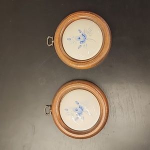 Blue Rose Hand Painted Porcelain Plaques in Wooden Frame Set of 2